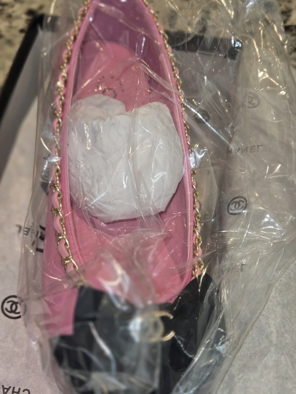 Chanel Pink & Black Bow Cap-Toe Chain Ballet Flats